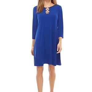 MSK O Ring Neckline Dress Plus Size 2X Quarter Sleeve Blue Polyester Blend NEW